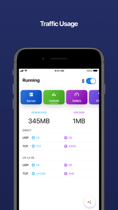 Quantumult X App Store 官方截图，展示 Running 首页和流量面板