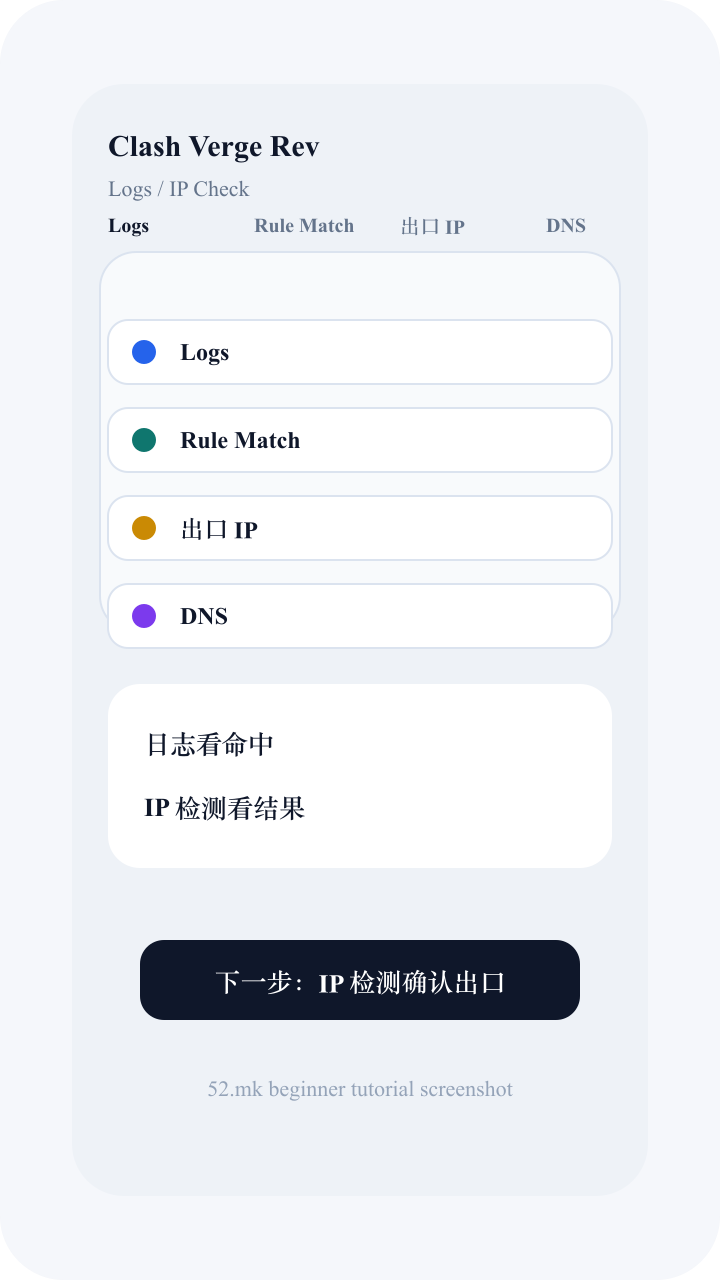 Clash Verge Rev 日志和出口检测截图示意