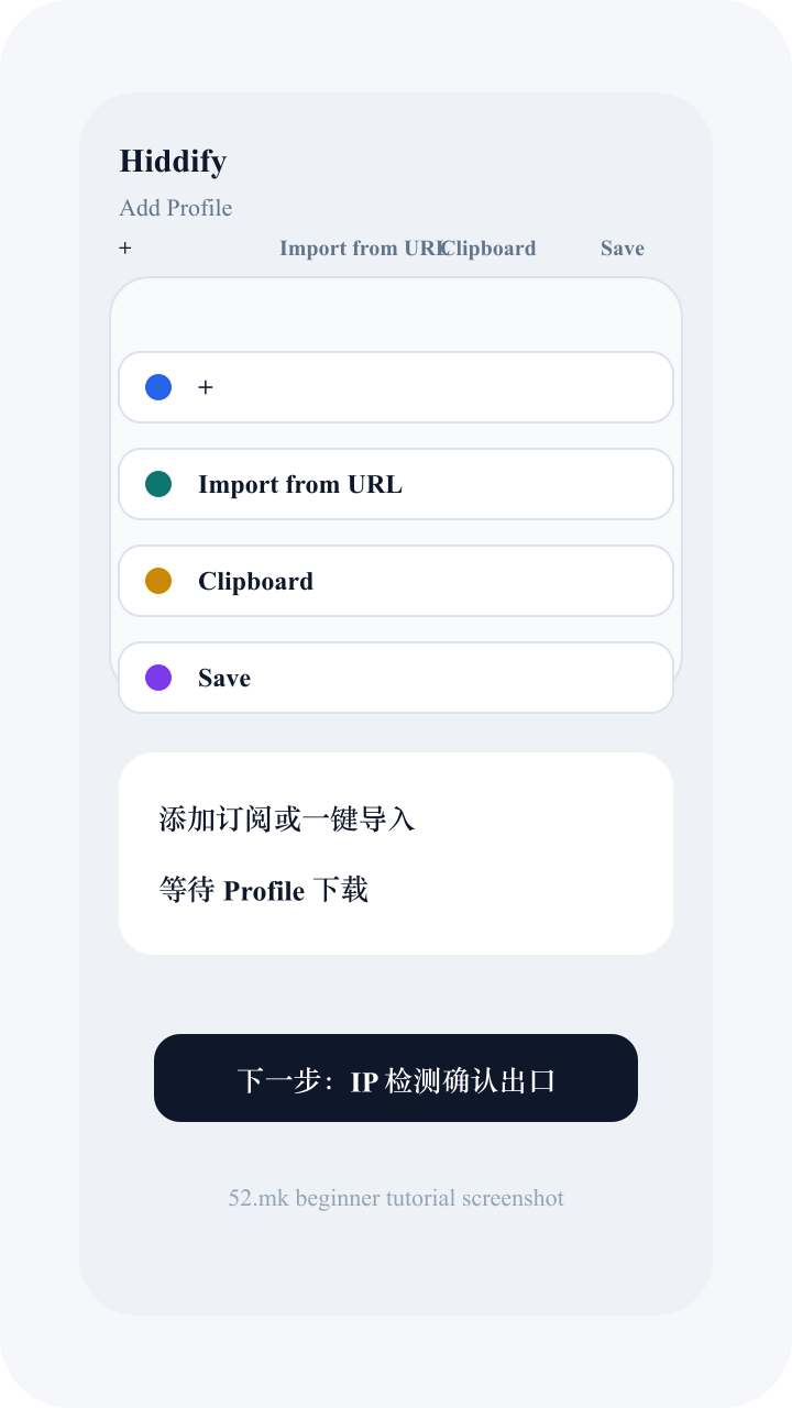 Hiddify 添加 Profile 入口截图示意