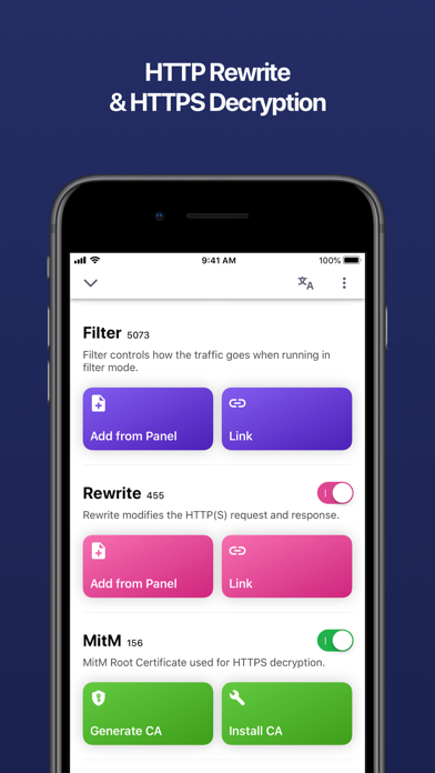 Quantumult X App Store 官方截图,展示 Filter、Rewrite 和 MitM 区域