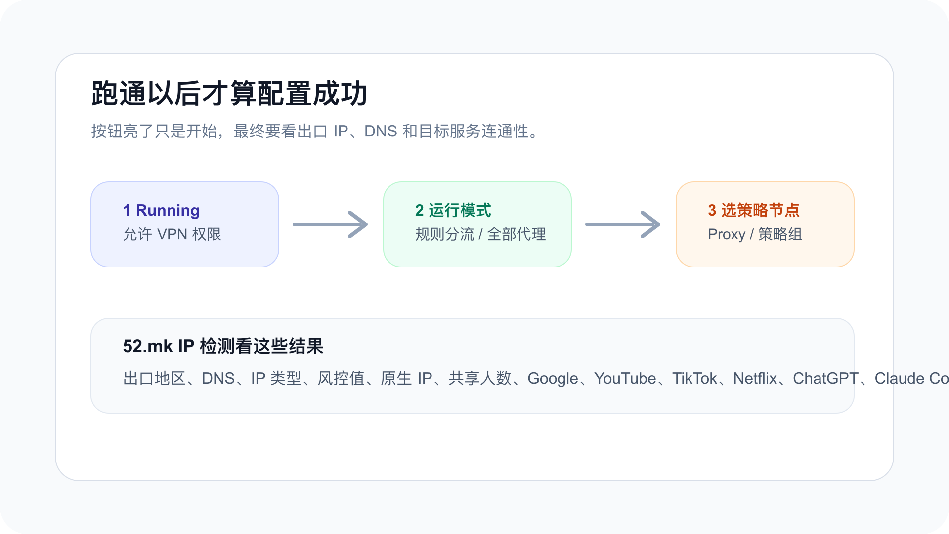 Quantumult X 从运行模式到 IP 检测的验收示意图