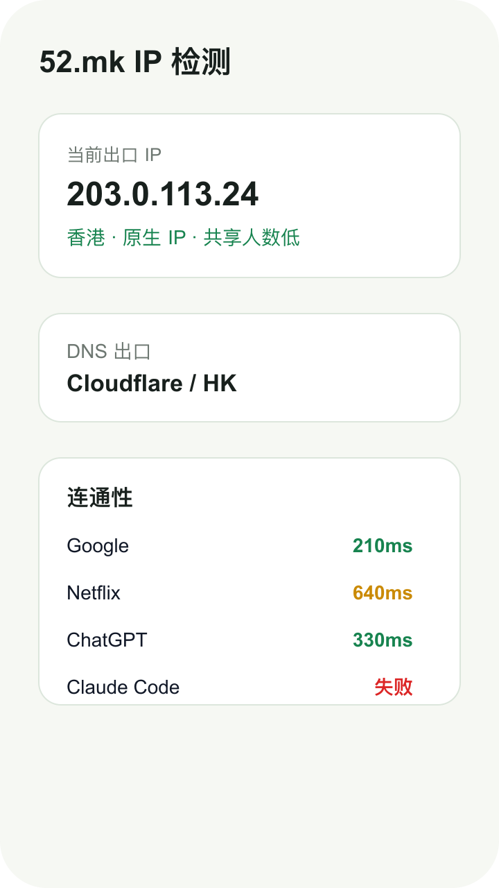 52.mk IP 检测出口结果截图示意
