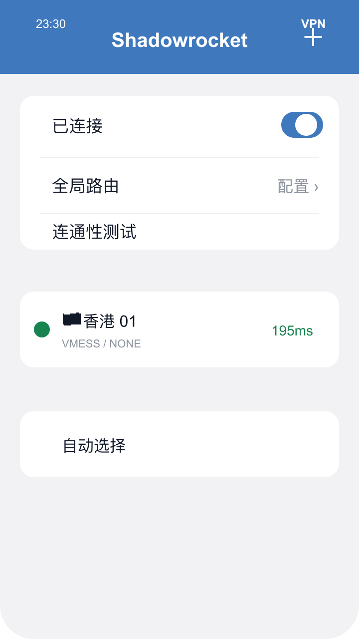 Shadowrocket 首页开启代理和 VPN 标识截图示意