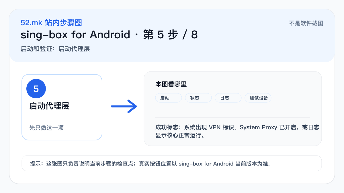 sing-box for Android 启动和验证示意图