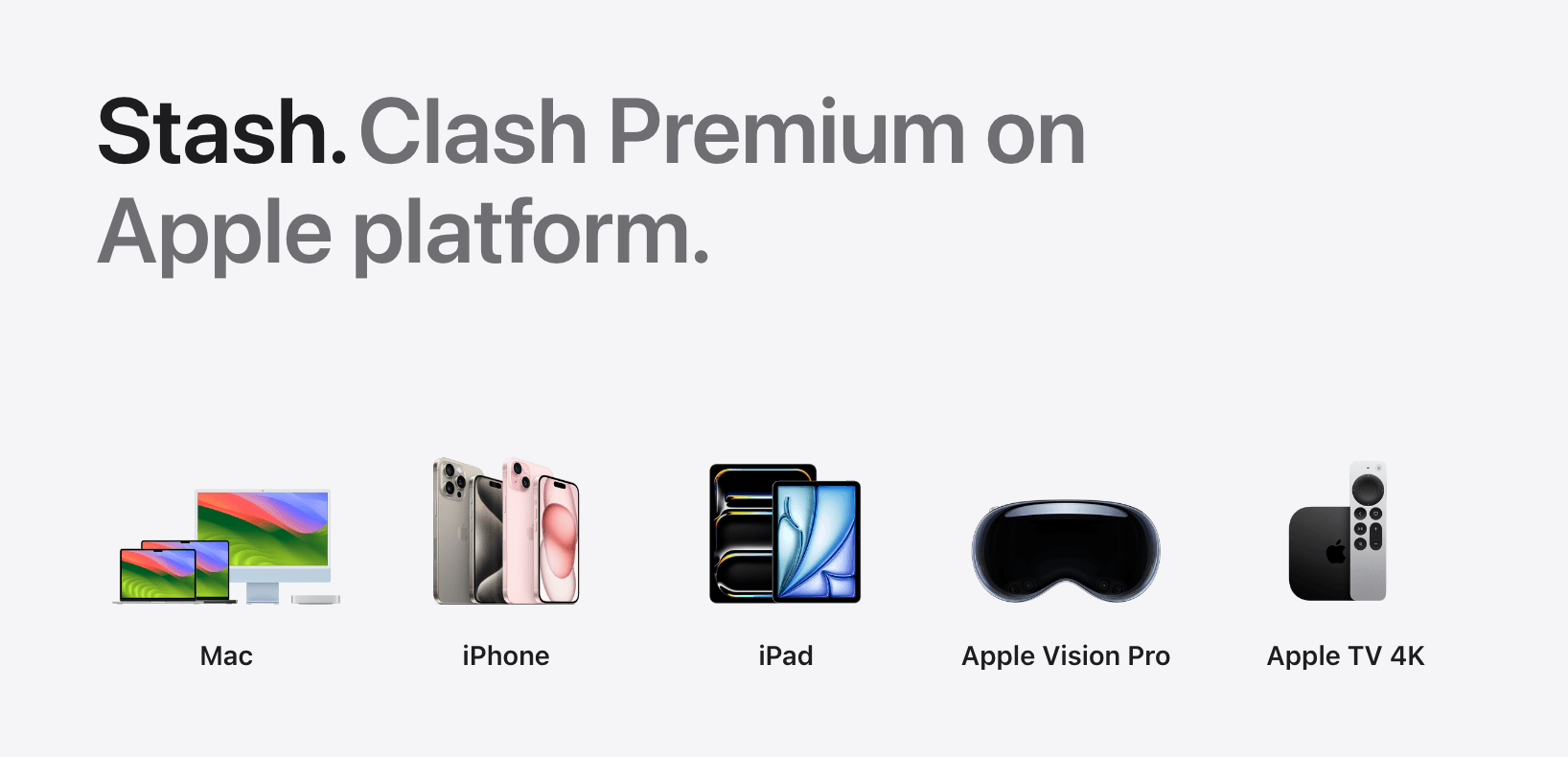 Stash 官方网站展示的 Mac、iPhone、iPad、Apple Vision Pro 和 Apple TV 4K